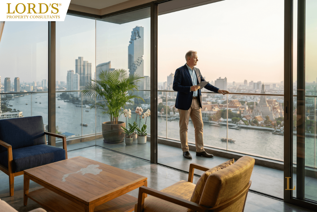A professional foreign investor standing on a luxury high-rise condominium balcony overlooking the Bangkok skyline and Chao Phraya River, symbolizing real estate ownership in Thailand.