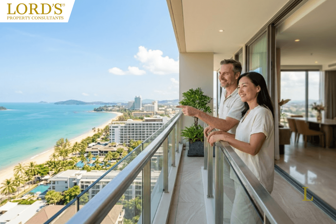A professional couple standing on a luxury high-rise balcony overlooking a tropical Thai beach, representing real estate investment in Thailand for foreigners.