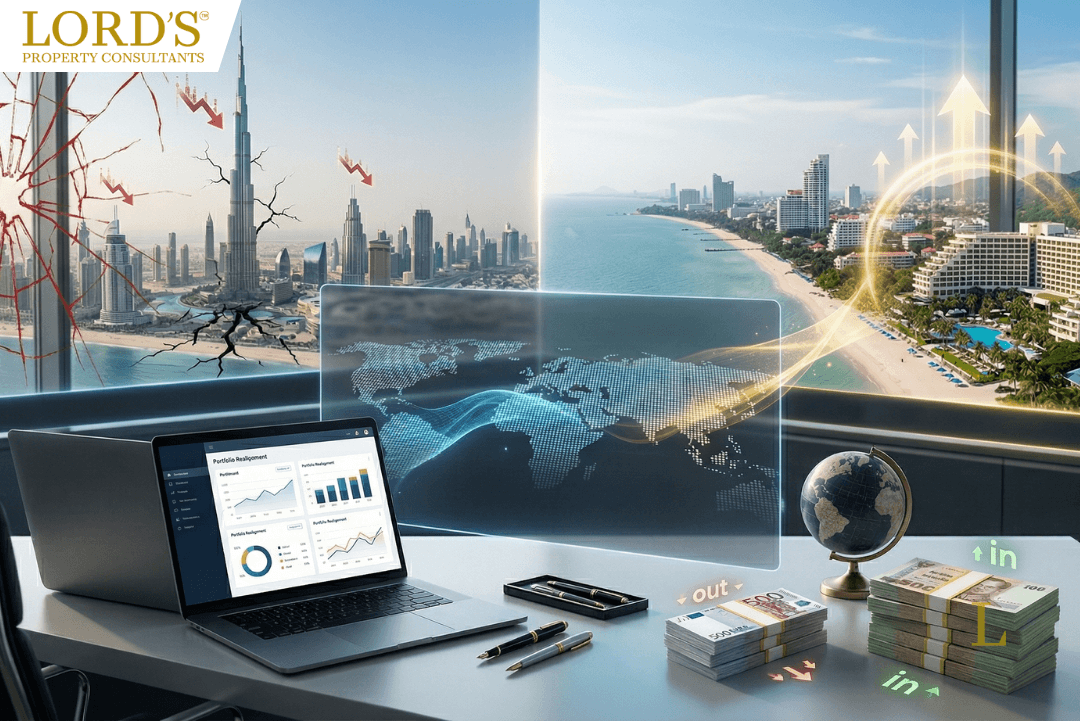 Split-screen view of Dubai skyline with downward financial markers and the Thailand coast with growth arrows, symbolizing global capital reallocation from the Middle East to Southeast Asia