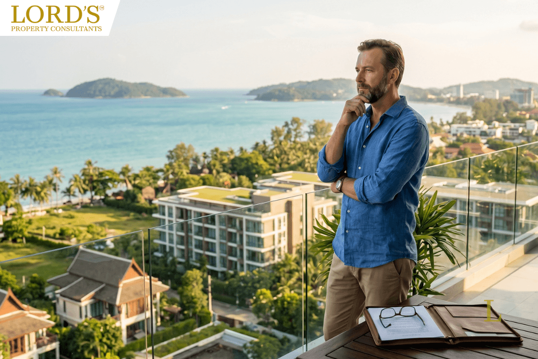 Pensive man looking over a tropical coastal property development in Thailand, reflecting on a real estate investment.