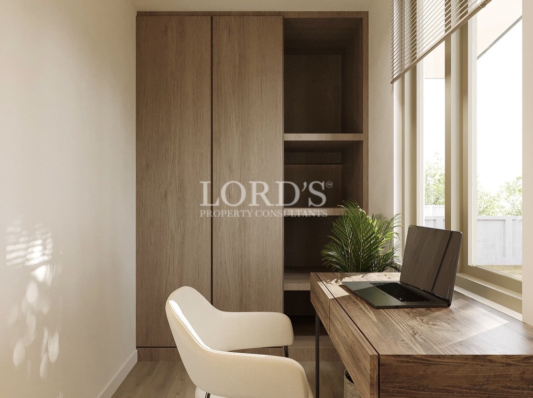 Home office with wooden desk and chair