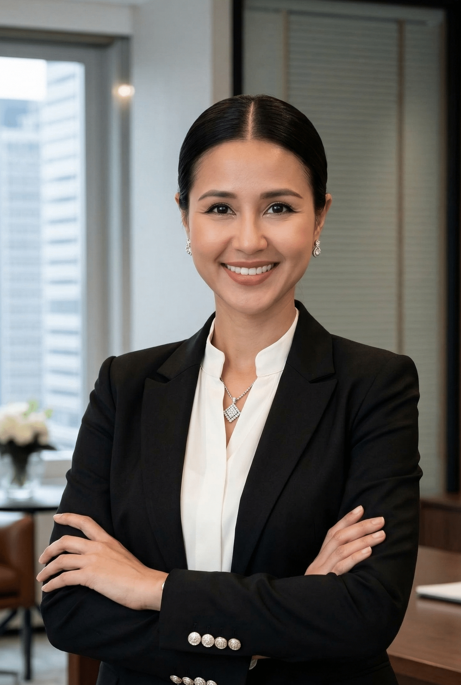 Woman in business suit with arms crossed