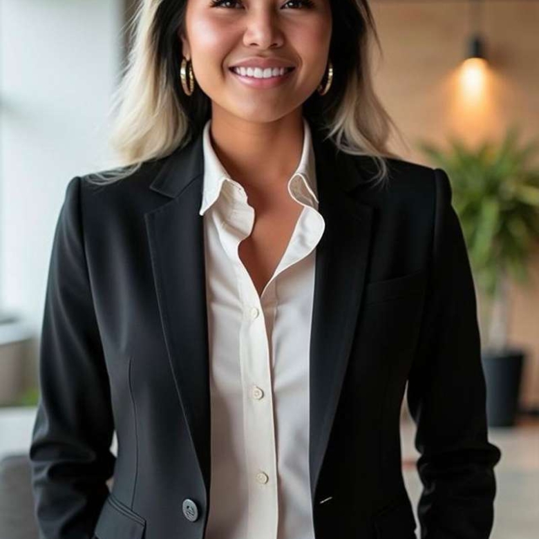 Professional woman smiling in business attire