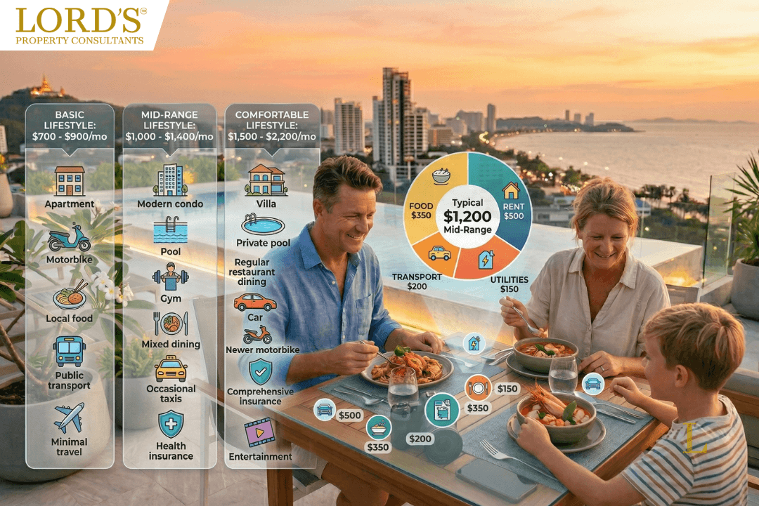 Infographic showing Thailand expat budget tiers from $700 to $2,200 featuring a family dining on a rooftop in Hua Hin with an ocean view.