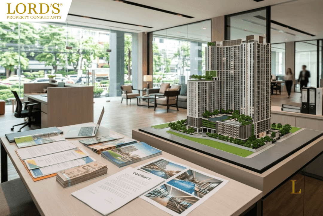 A close-up view of a large architectural model of a modern high-rise building in a sleek sales center, surrounded by property brochures, contracts, and blurred distant figures.