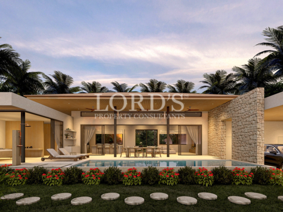 Luxury villa exterior at sunset lighting