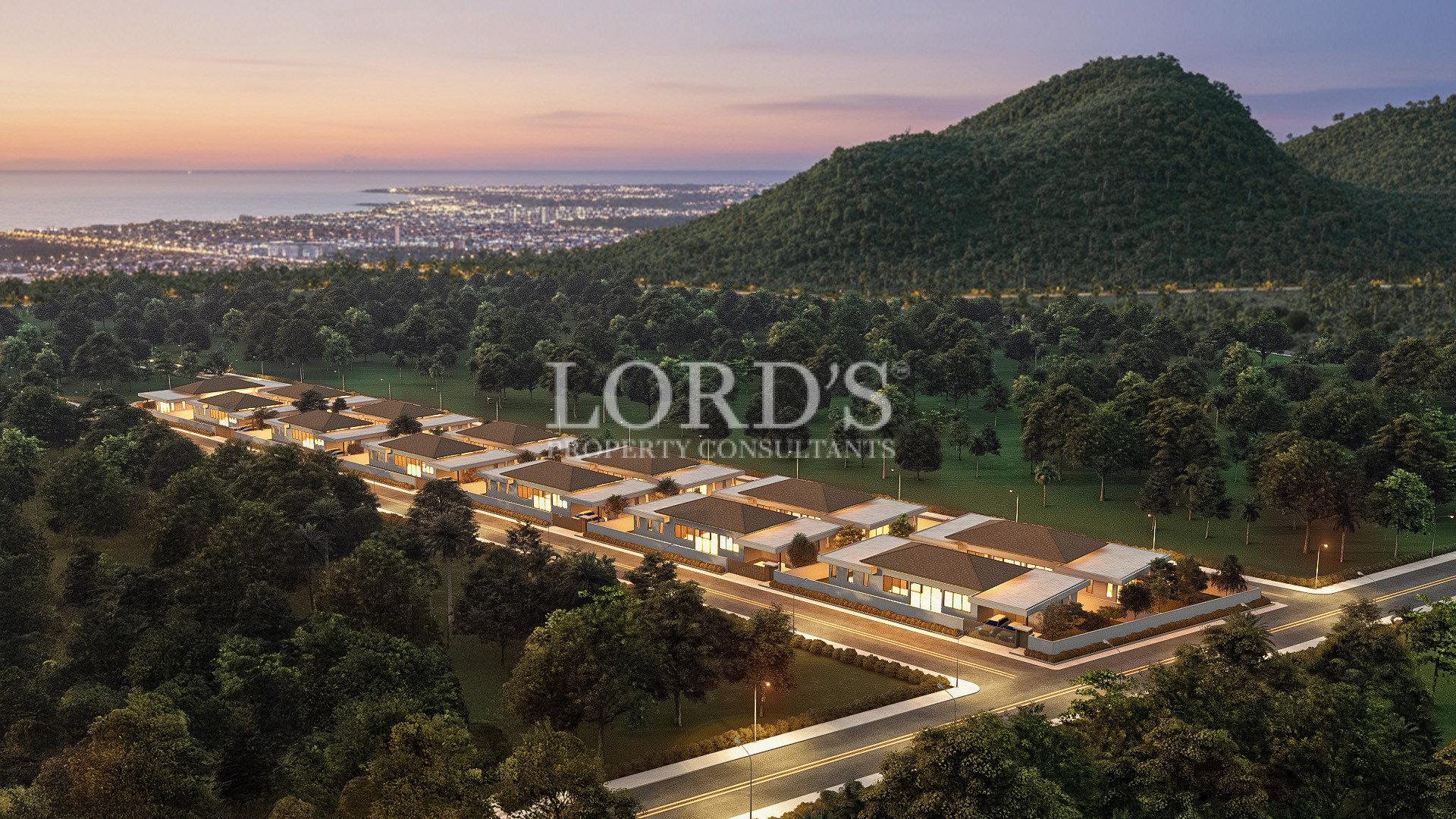 Aerial night view of luxury villa estate
