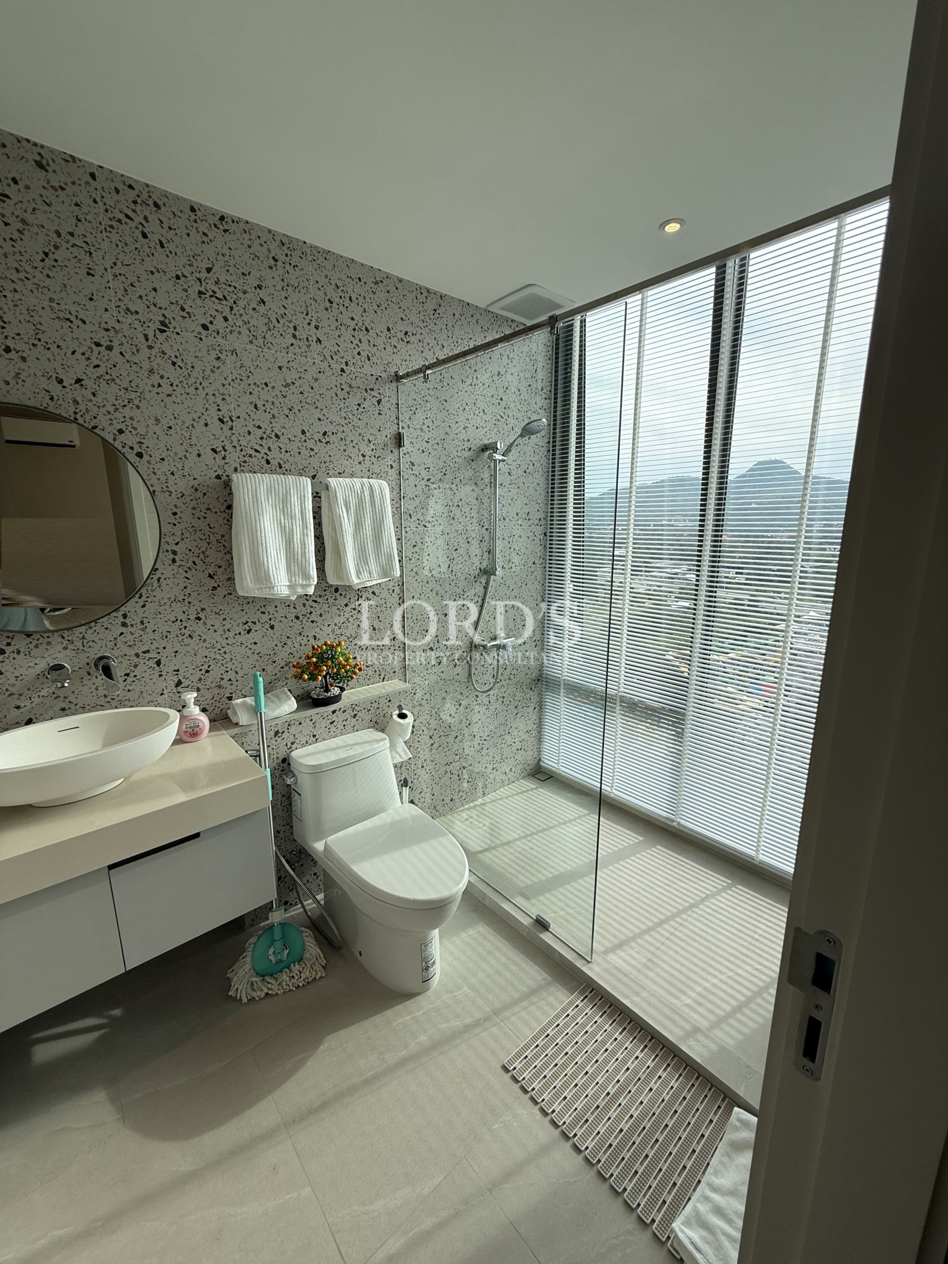 Luxury bathroom with glass shower and vanity sink