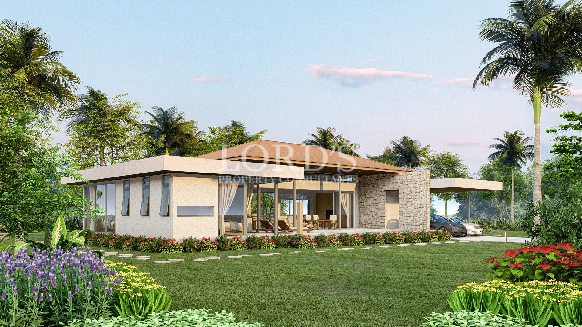 Tropical villa with landscaped lawn
