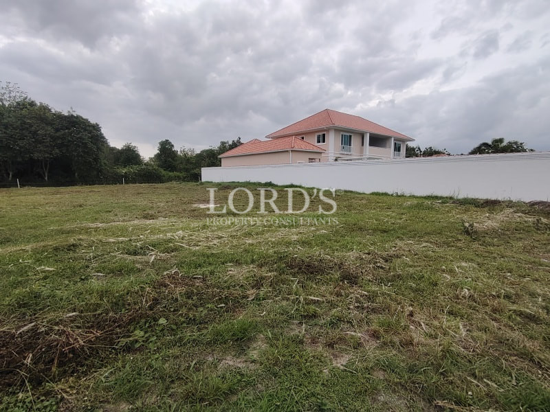 Vacant grassy plot with house in background