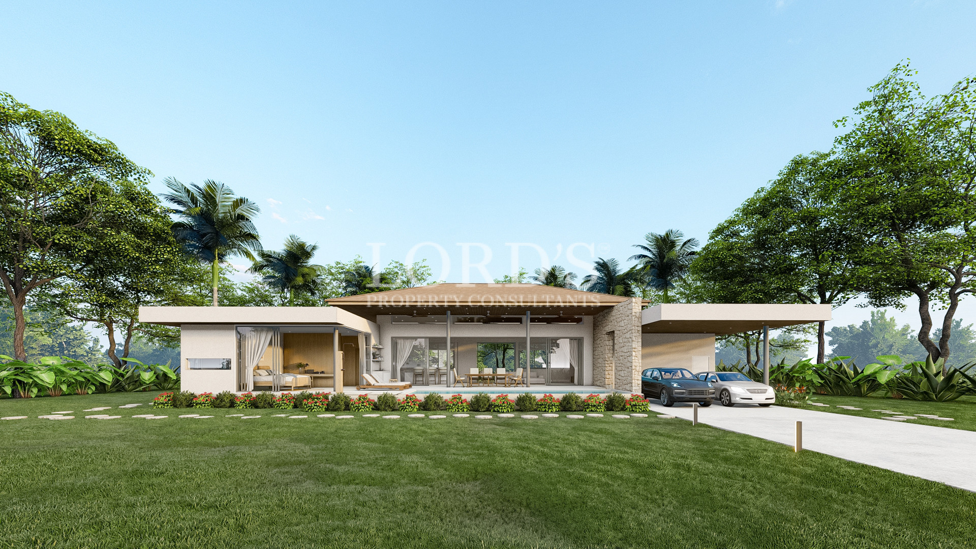 Modern villa with spacious green lawn