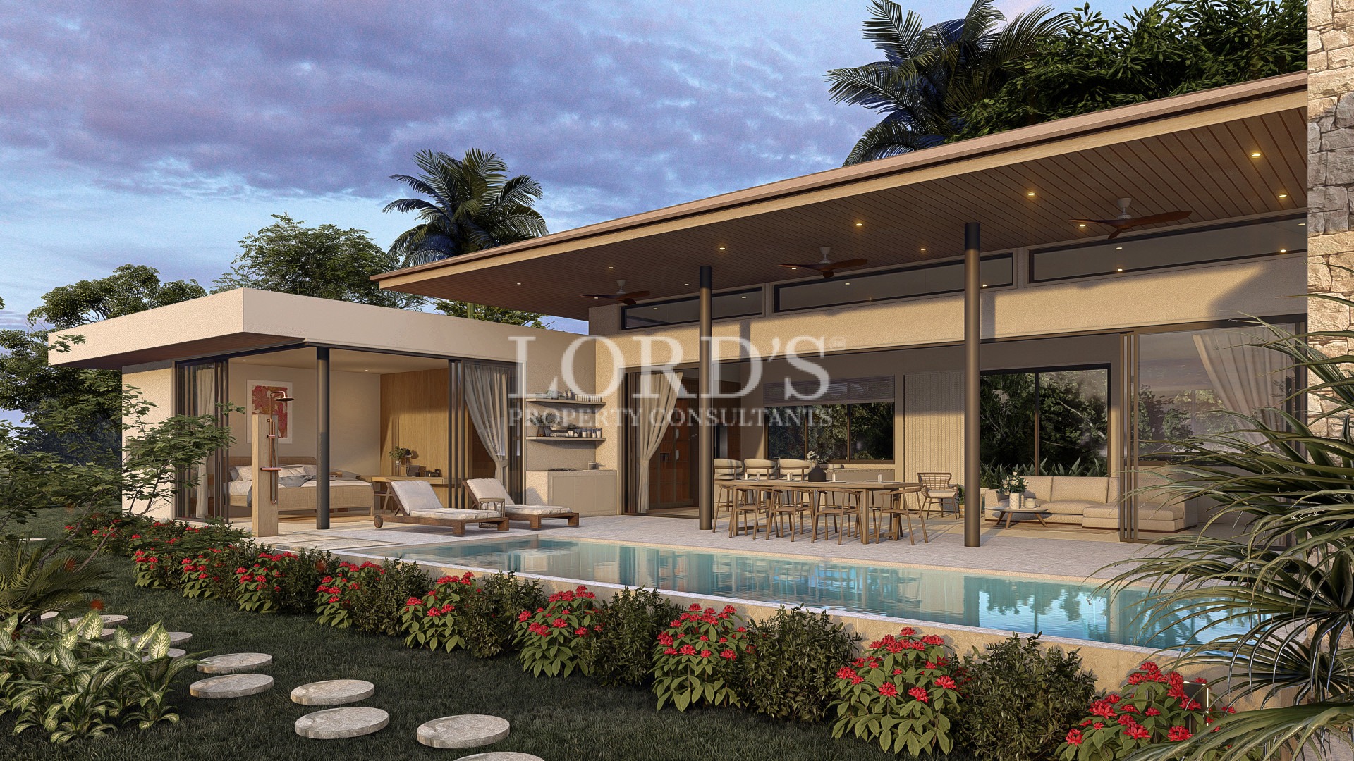 Luxury villa exterior at sunset