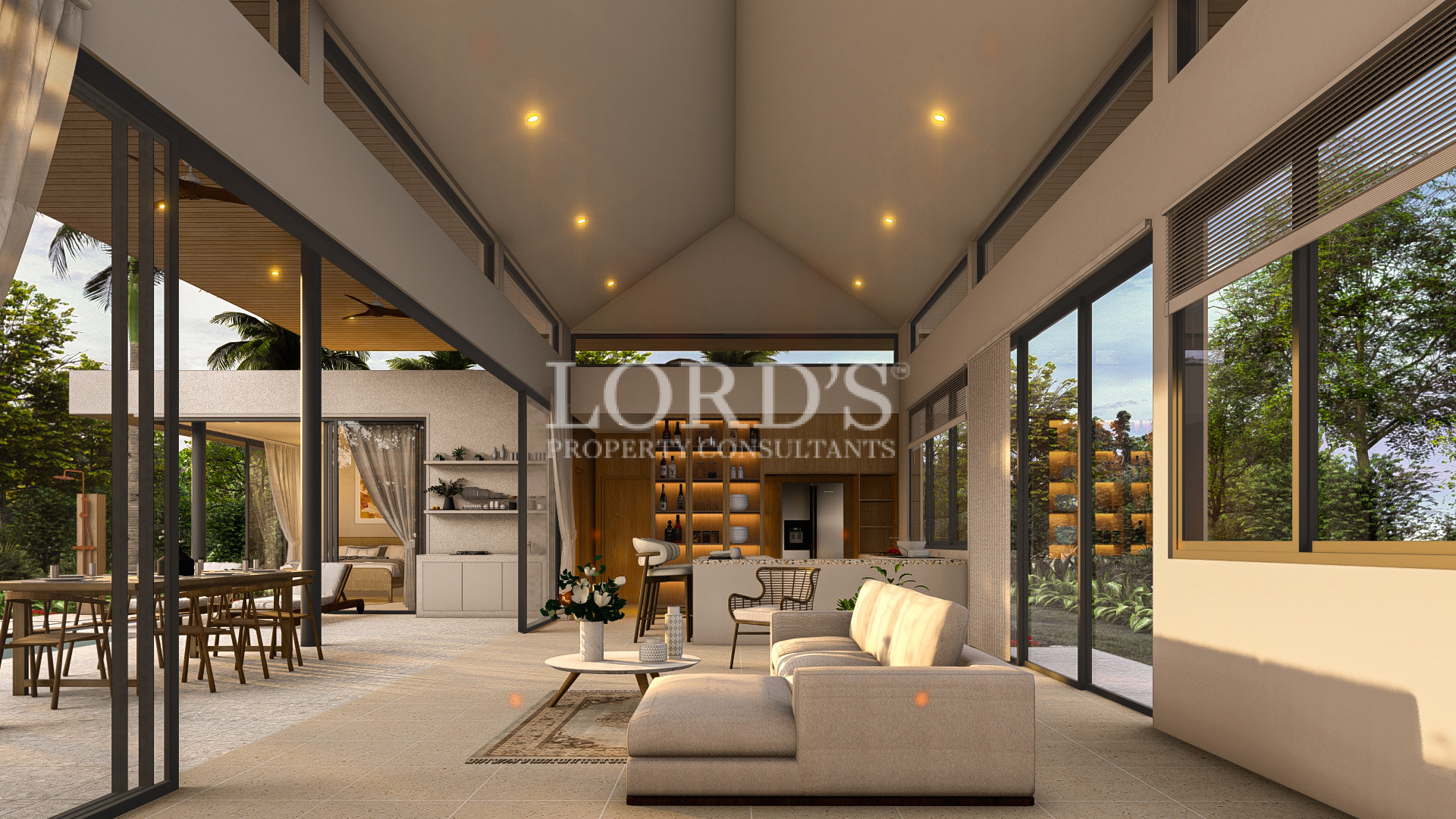 Modern indoor lounge with recessed lighting