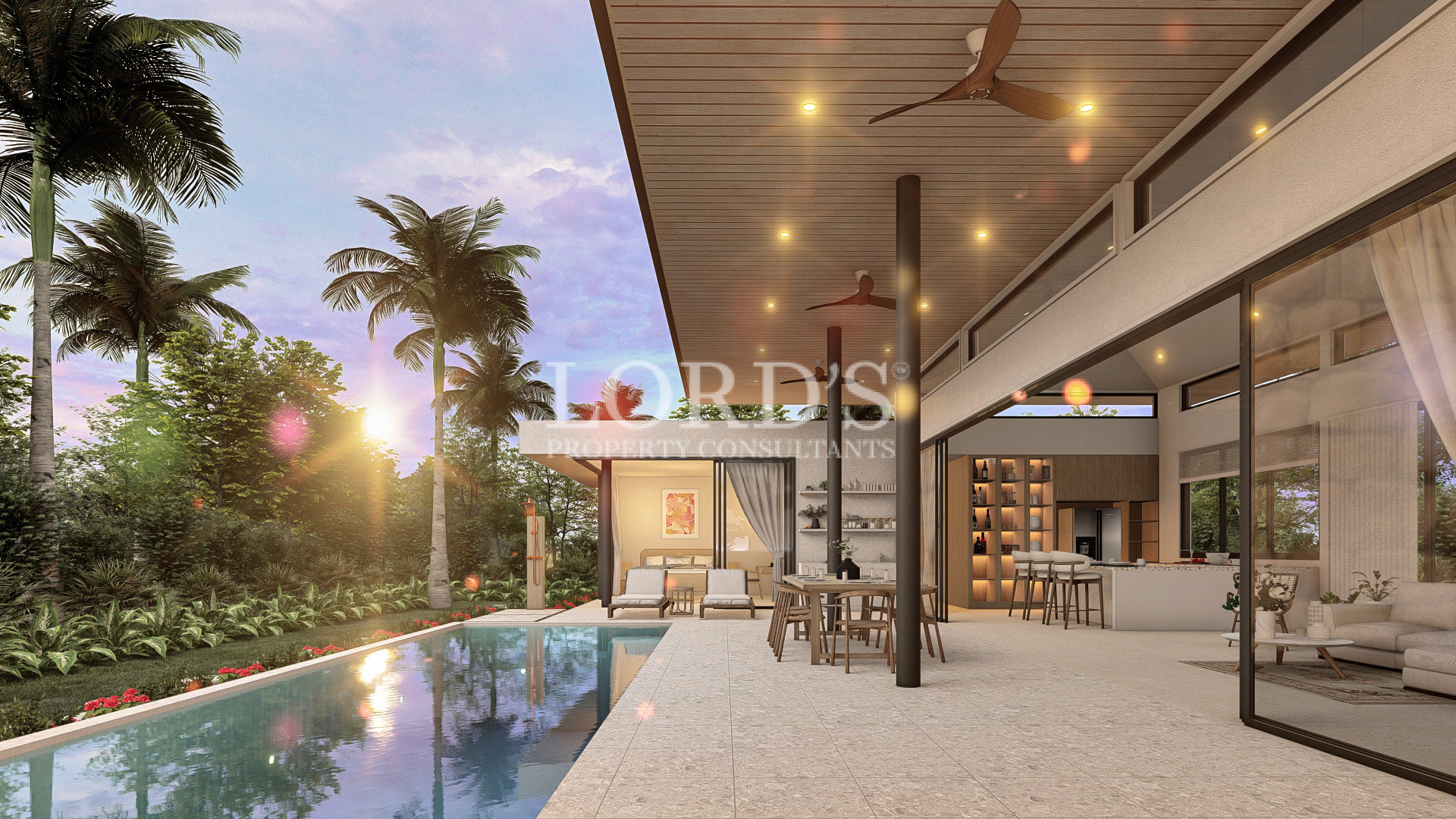 Covered outdoor dining terrace at dusk
