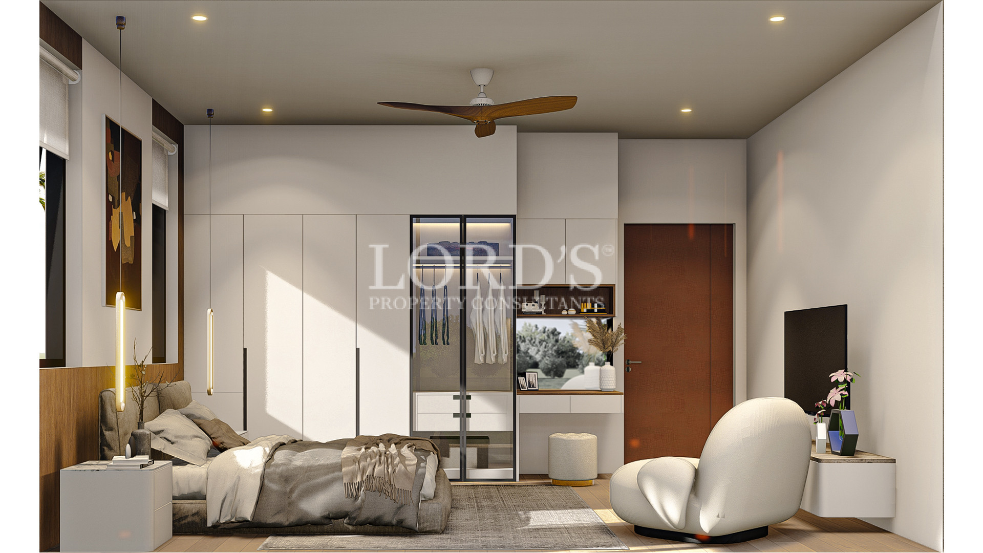 Bedroom with mounted TV and wooden fan