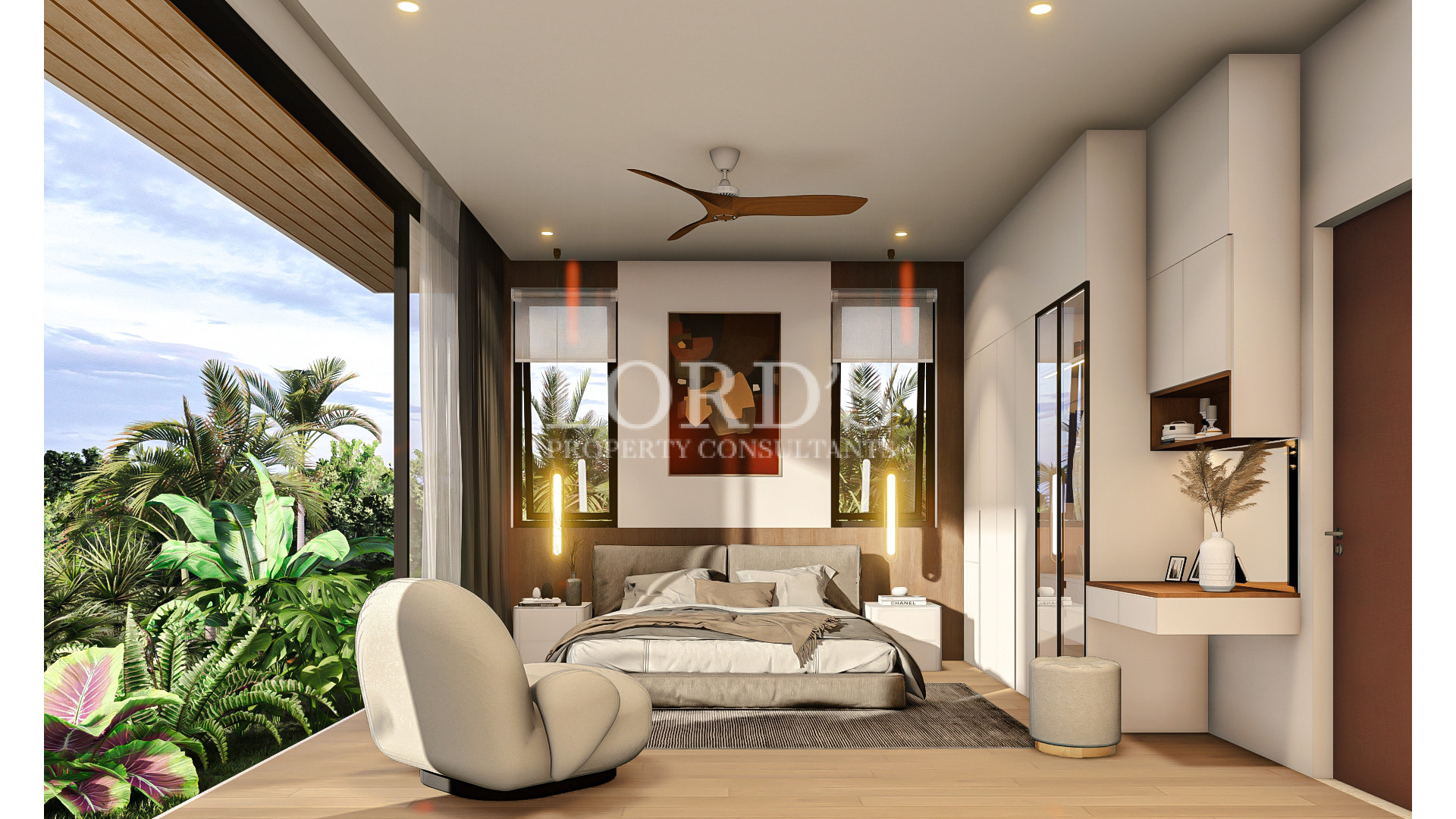 Contemporary bedroom with outdoor access