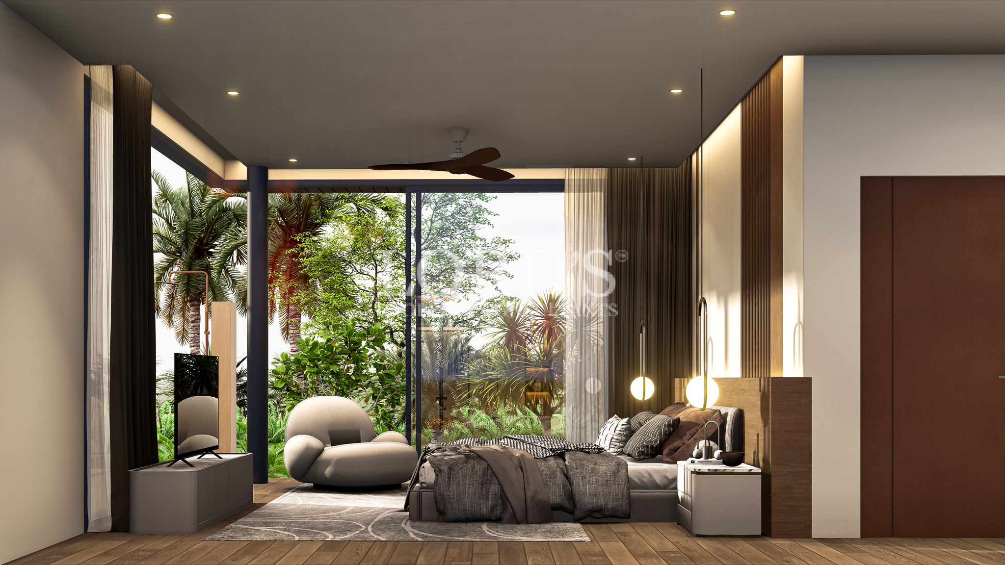Bedroom lounge area with garden view