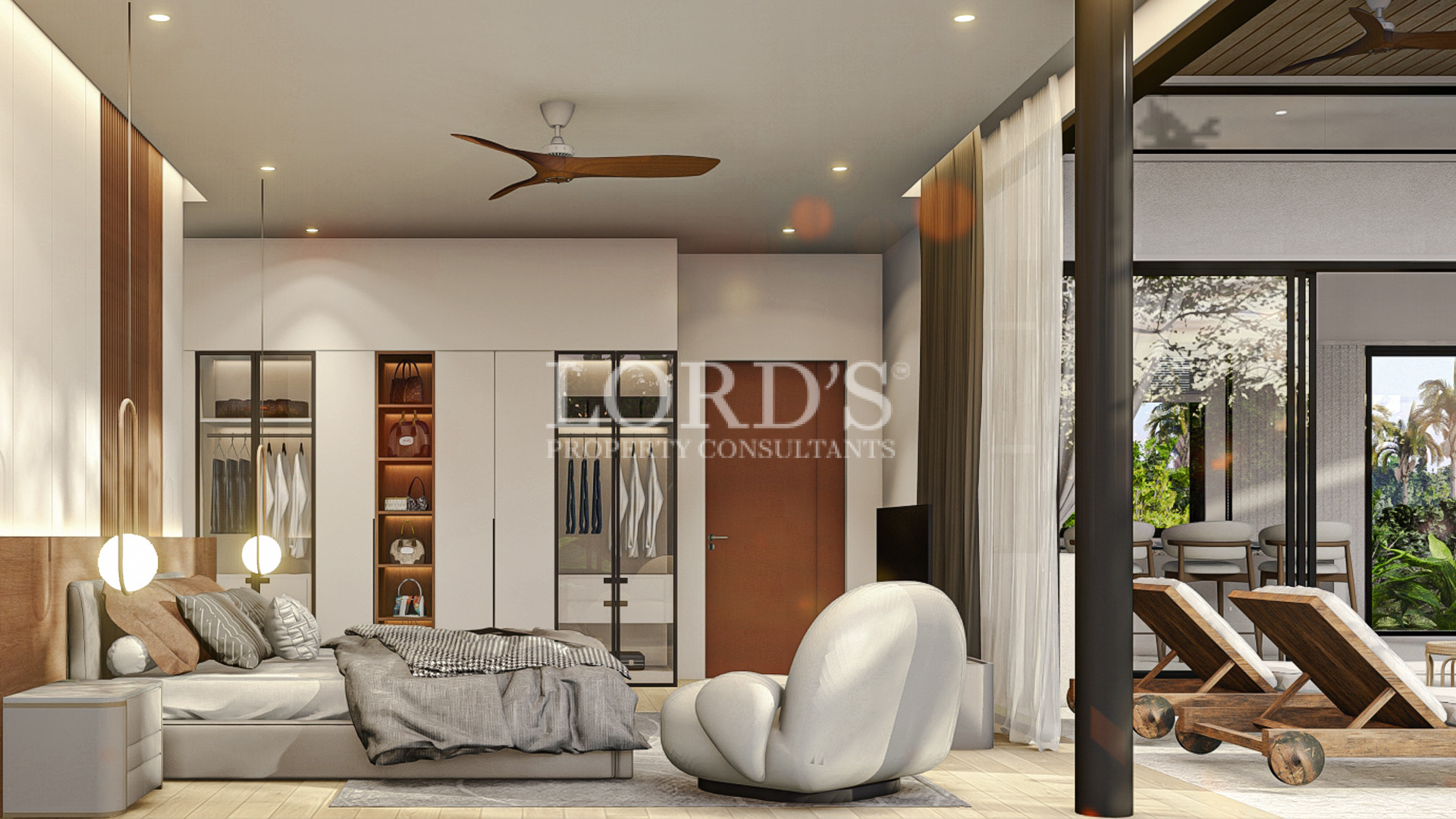Modern bedroom with open sliding doors