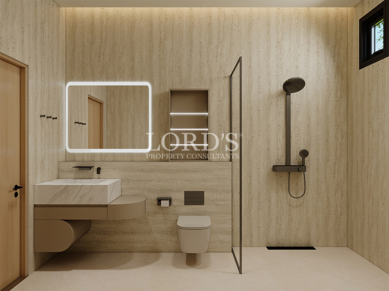 Modern bathroom vanity with illuminated mirror