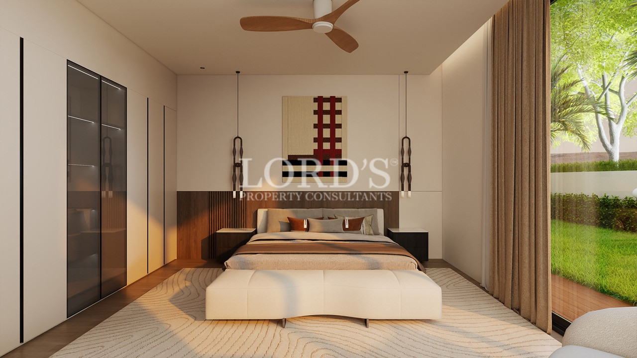 Bedroom with warm lighting and decorative accents