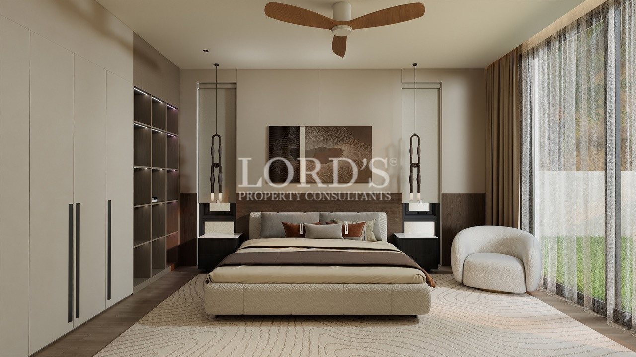 Modern bedroom with ceiling fan and warm lighting