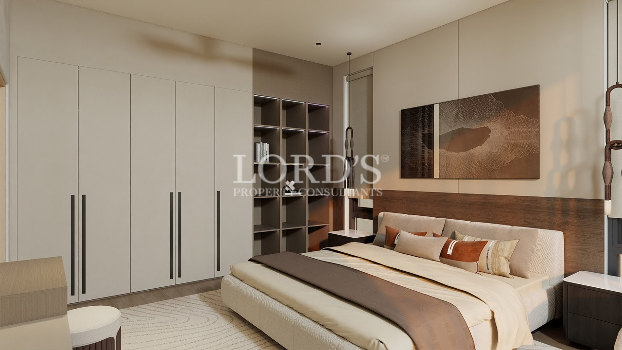 Contemporary bedroom with walk-in closet