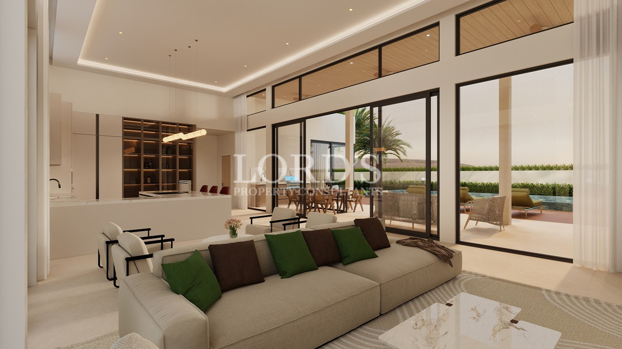 Modern villa living room with outdoor view