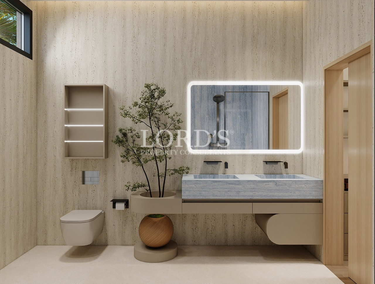 Modern bathroom vanity with illuminated mirror