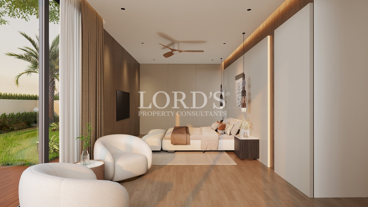 Elegant bedroom with warm lighting and wood accents