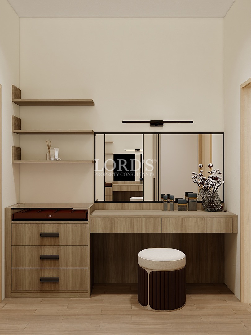 Modern vanity area with wooden cabinetry