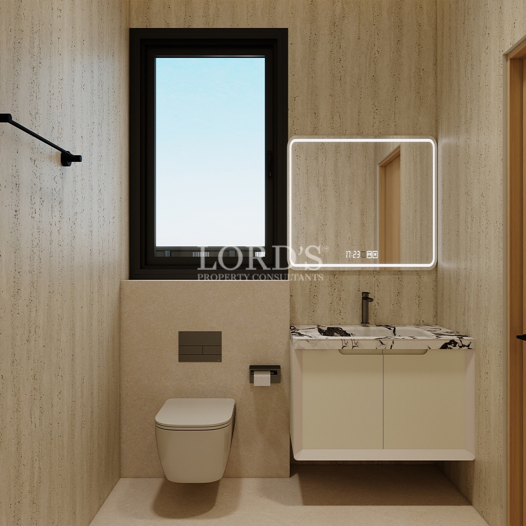 Minimalist bathroom with vanity and mirror