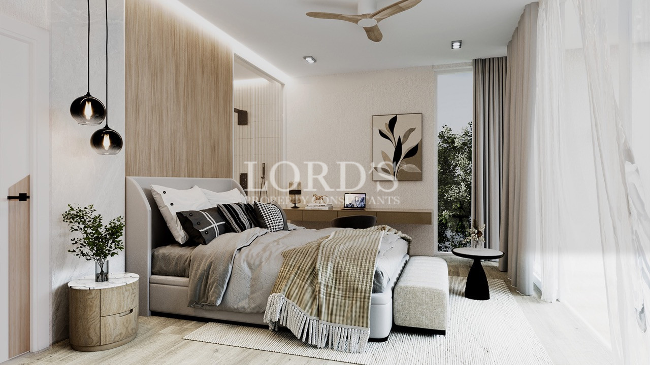 Stylish bedroom with modern décor and ceiling fan