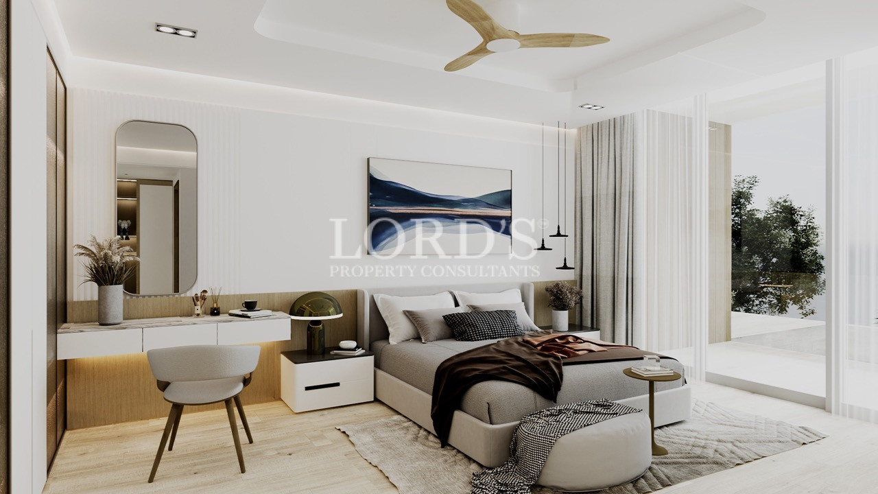Modern bedroom with recessed lighting and ceiling fan