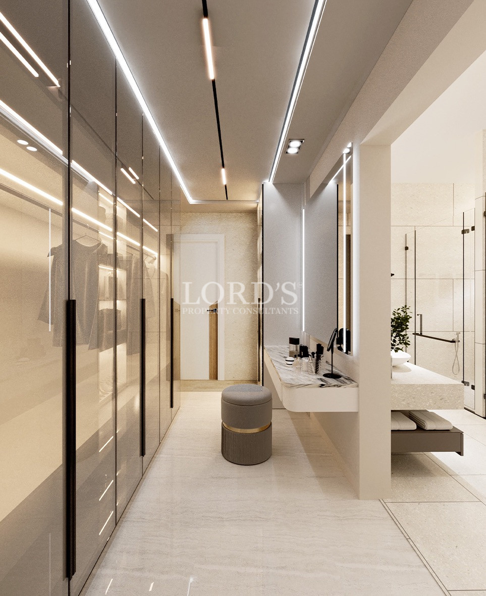 Bright hallway with recessed ceiling lights