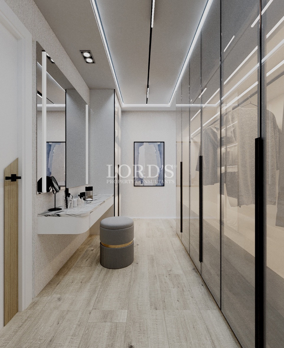 Modern bathroom with glass shower and sleek vanity