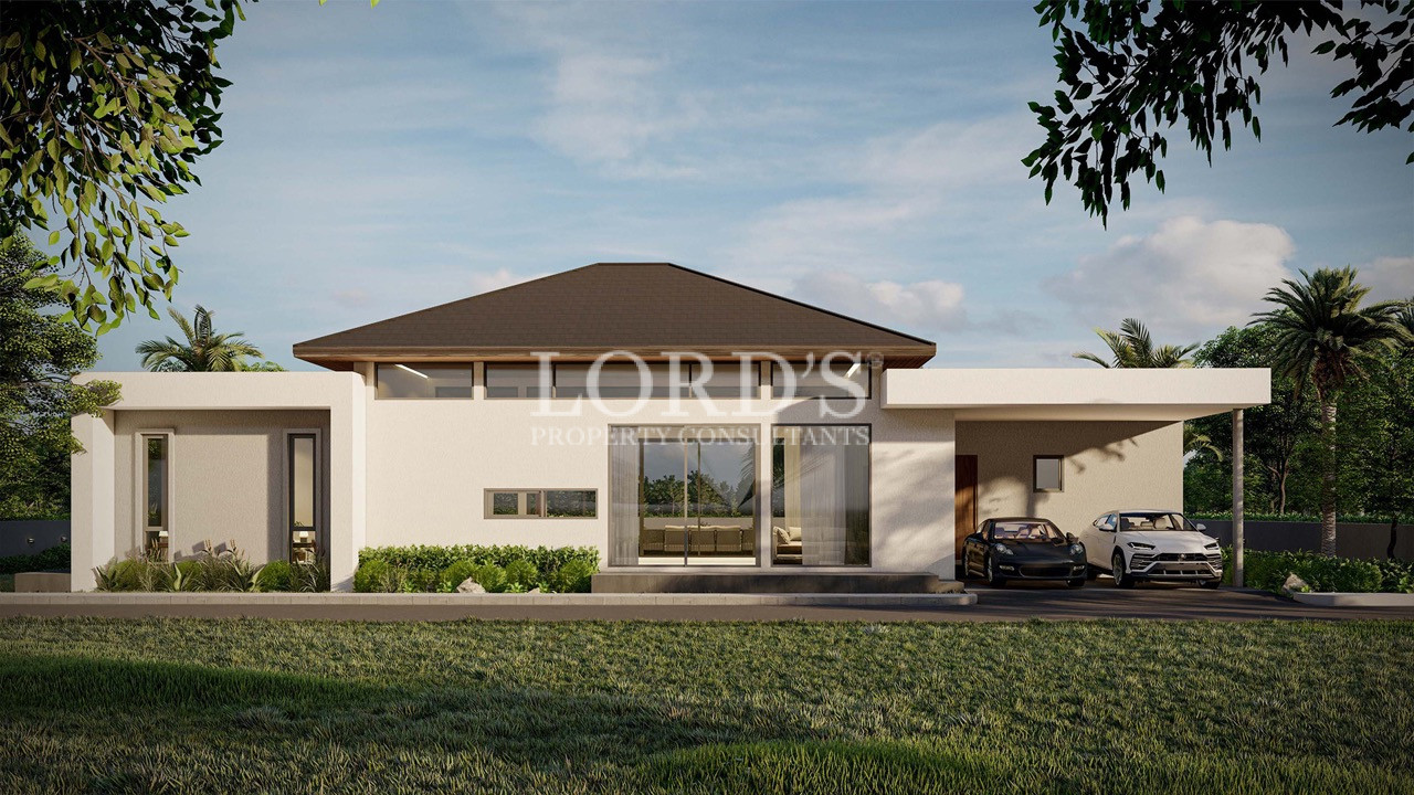 Modern villa exterior with mountain backdrop