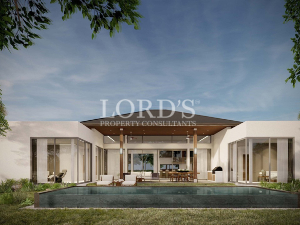 Modern villa courtyard with pool and landscaped garden