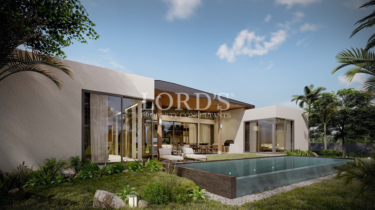 Modern villa exterior with swimming pool and greenery
