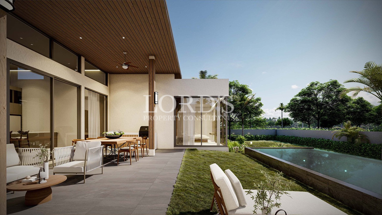 Modern villa patio with outdoor seating and pool