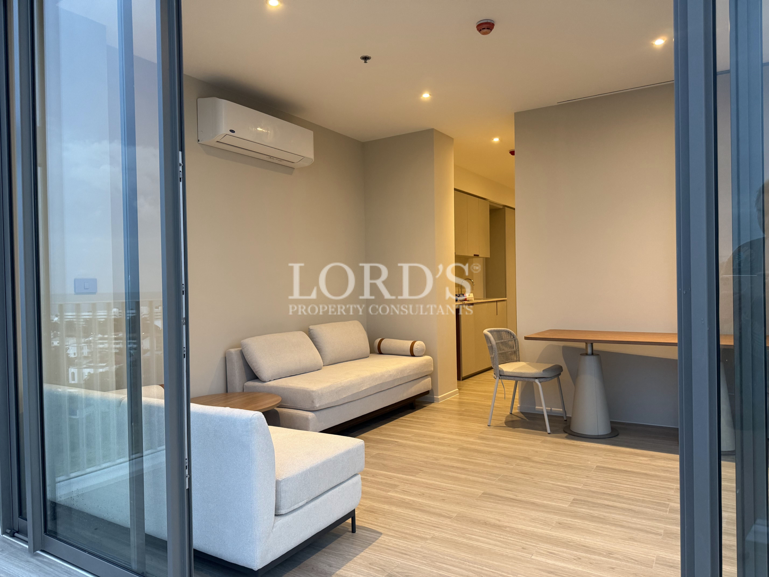 Modern studio living area with sofa and workspace
