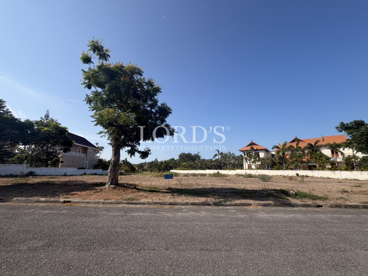 Empty roadside land under blue sky