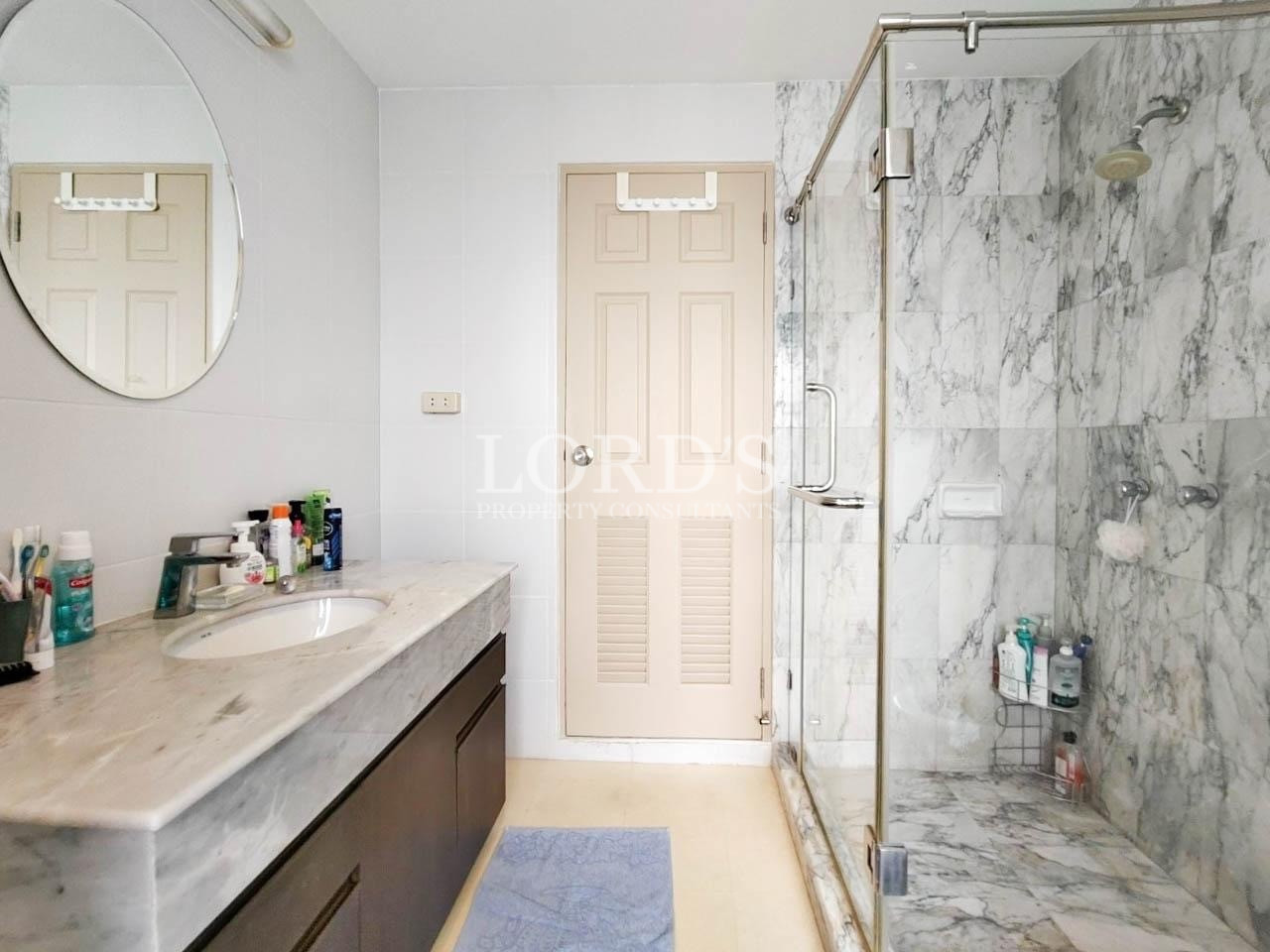 Bathroom vanity with marble shower wall