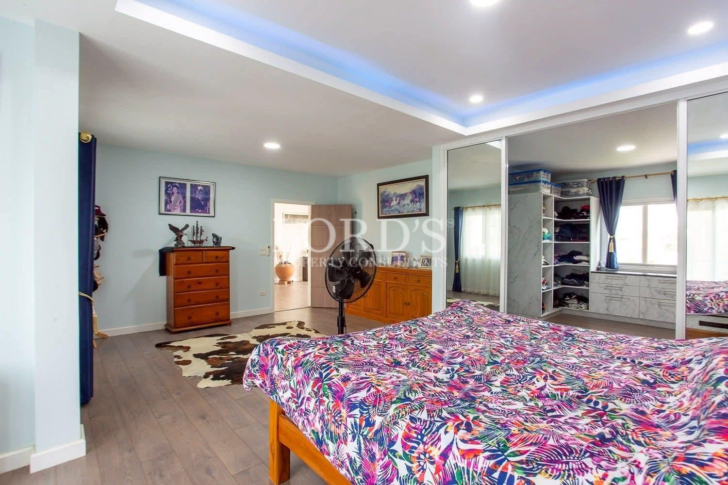 Bedroom with colorful bedding