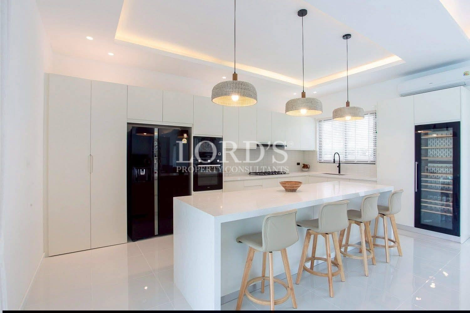 Modern kitchen with pendant lights
