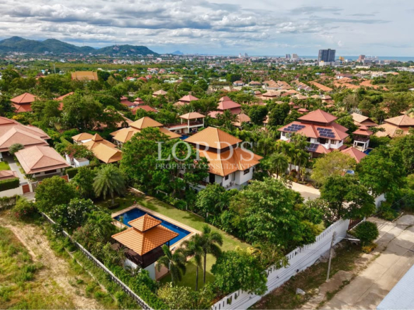 Aerial view of hillside villas