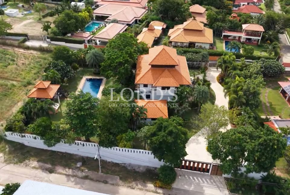 Aerial view of tropical villa estate