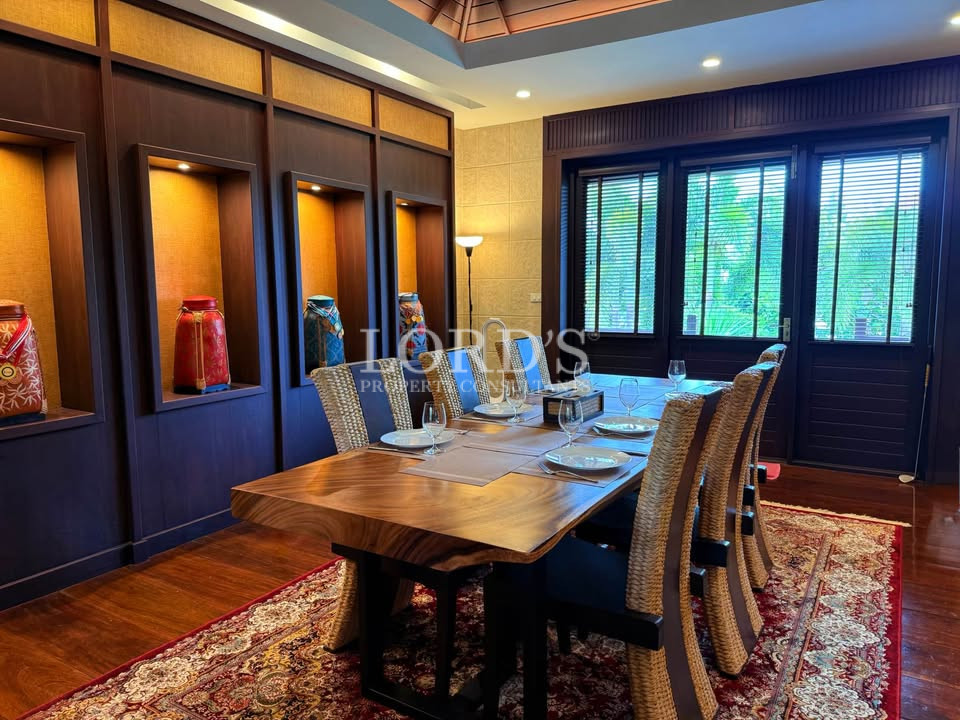 Luxury dining room with dark blue walls