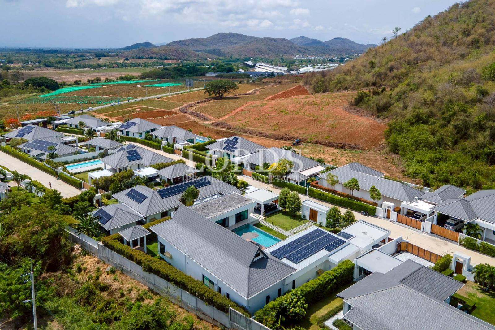 Mountain landscape surrounding residential villas
