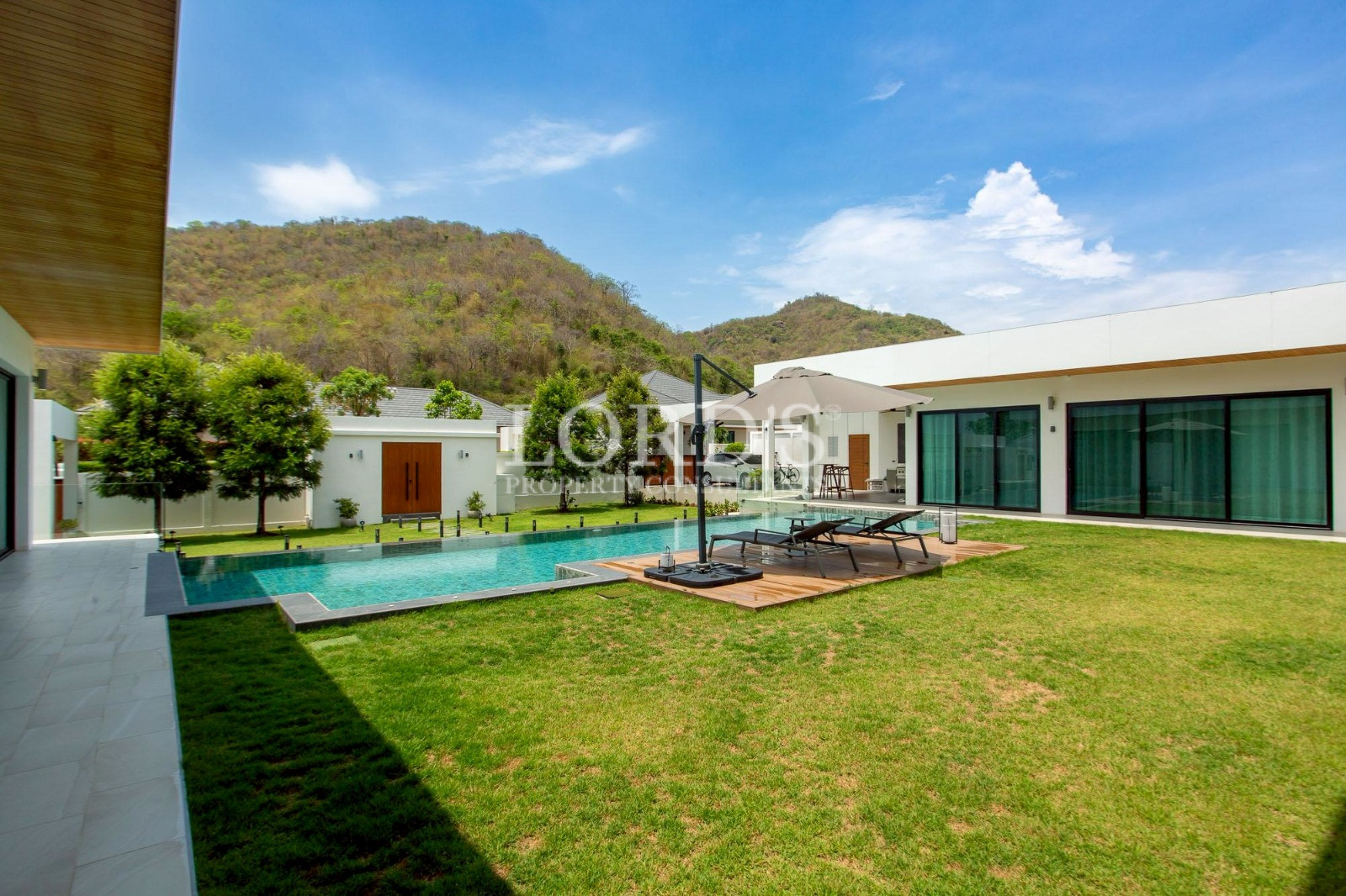 Green lawn beside swimming pool