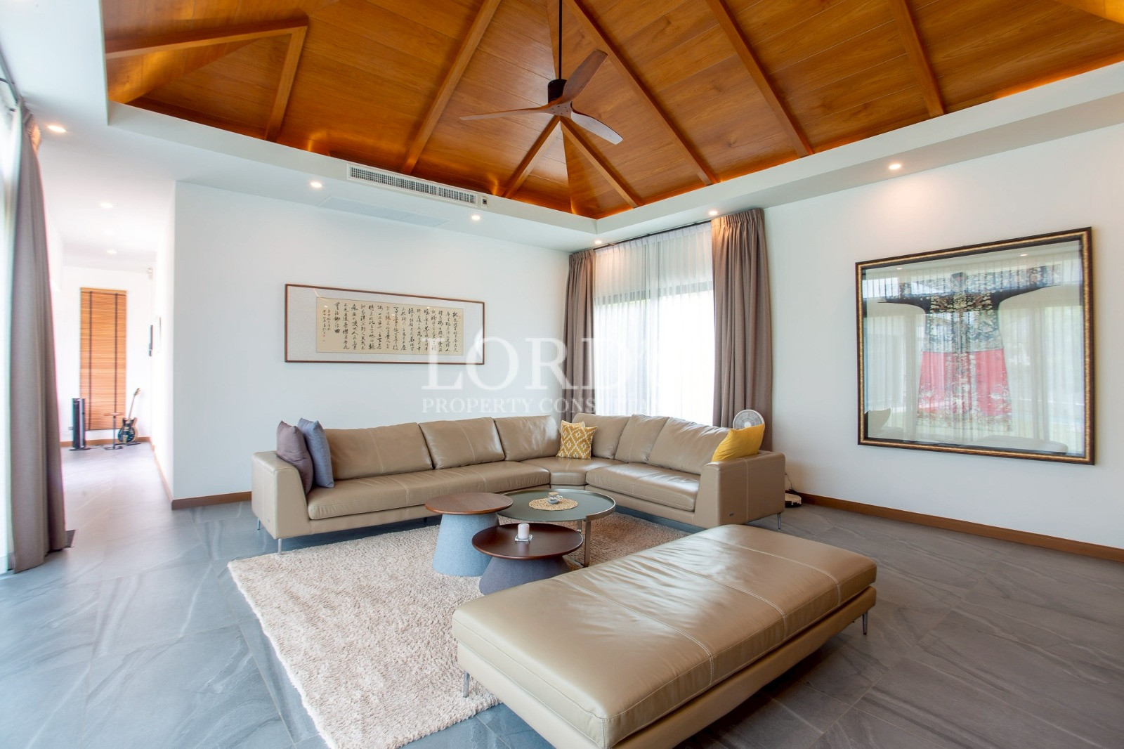 Modern lounge with wooden ceiling design
